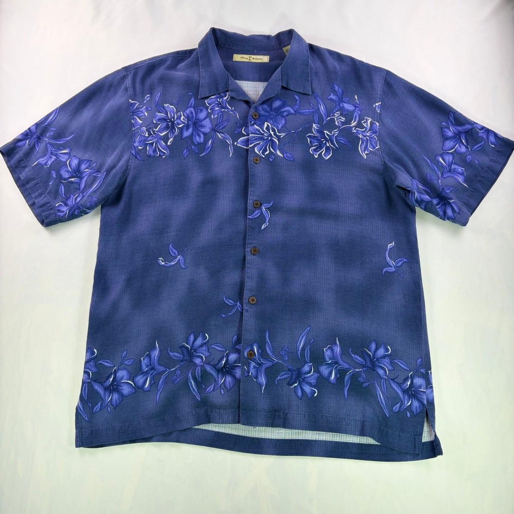 Tommy Bahama Silk Camp Shirt Mens Large Blue Floral Border Print‎ Relaxed Fit